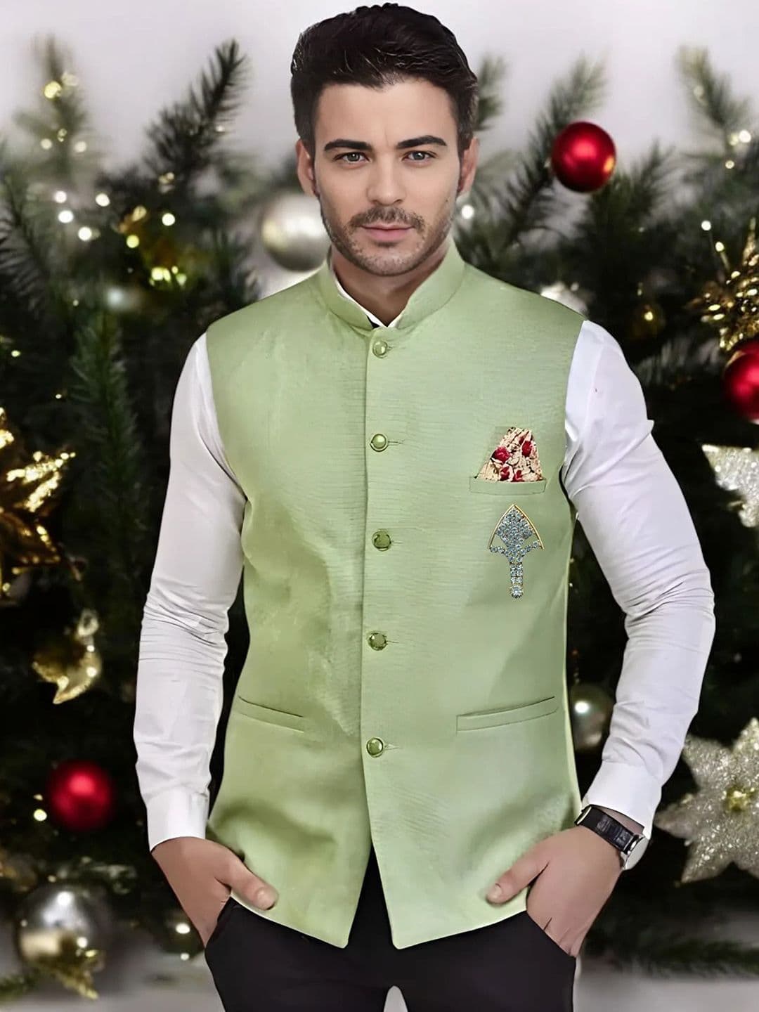 Seetoo Mandarin Collar Woven Nehru Jacket With Broch - view 1