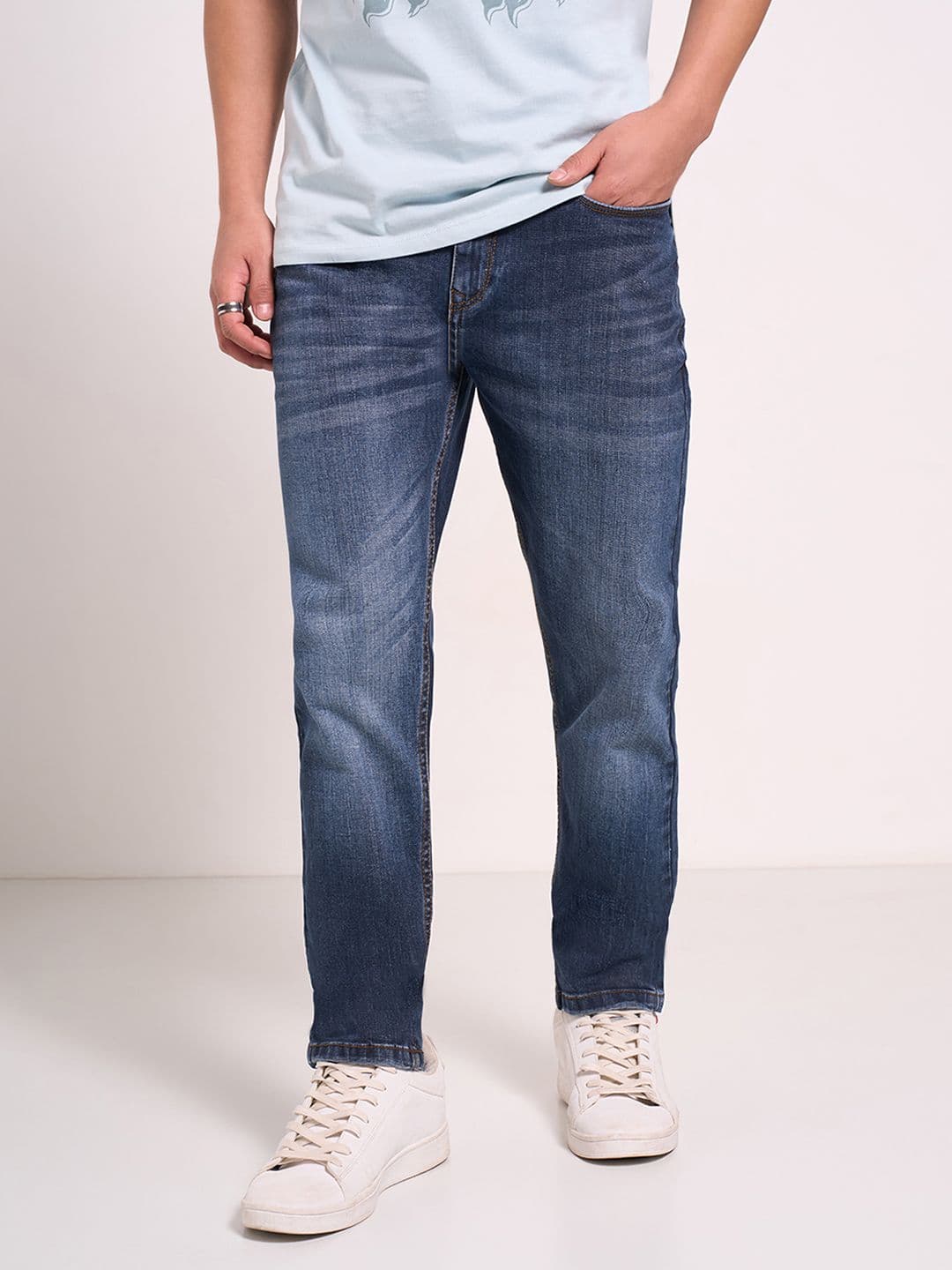 SF JEANS by Pantaloons Men Slim Fit Low Distress Light Fade Jeans - view 1