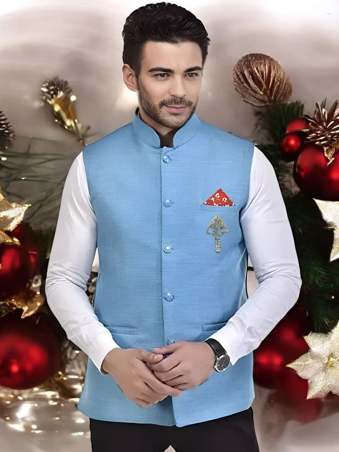 Seetoo Mandarin Collar Woven Nehru Jacket With Broch - view 1
