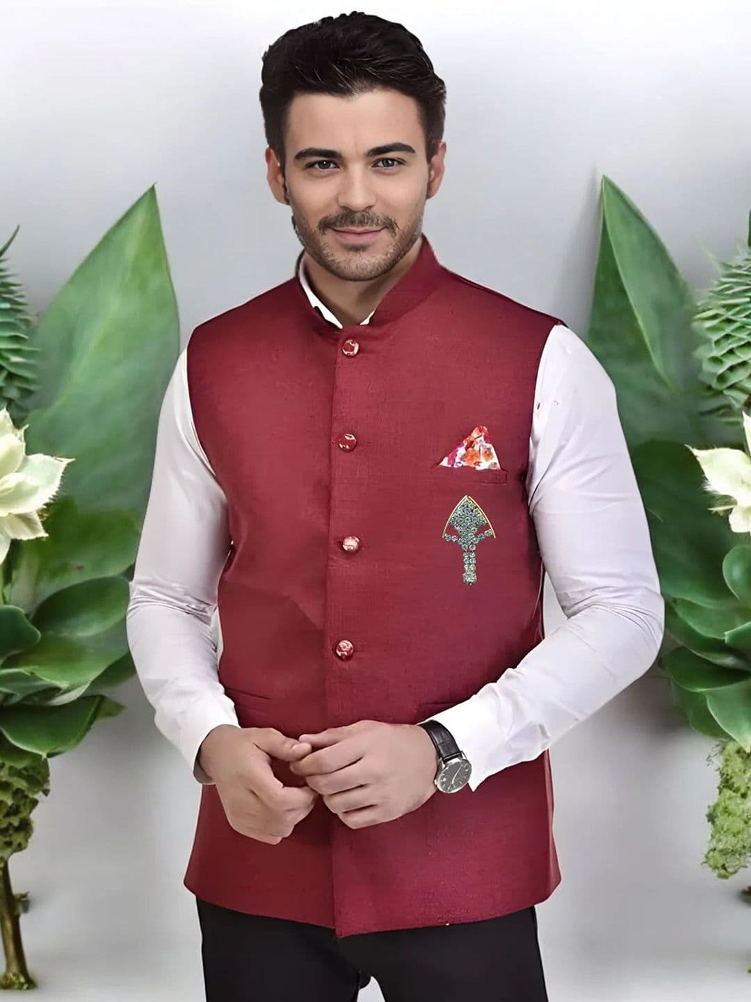Seetoo Mandarin Collar Woven Nehru Jacket With Broch - view 1