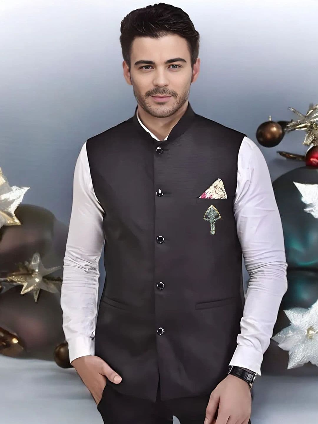 Seetoo Mandarin Collar Woven Nehru Jacket With Broch - view 1