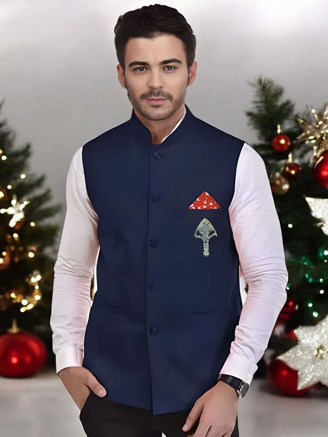 Seetoo Mandarin Collar Woven Design Nehru Jacket With Broch - view 1