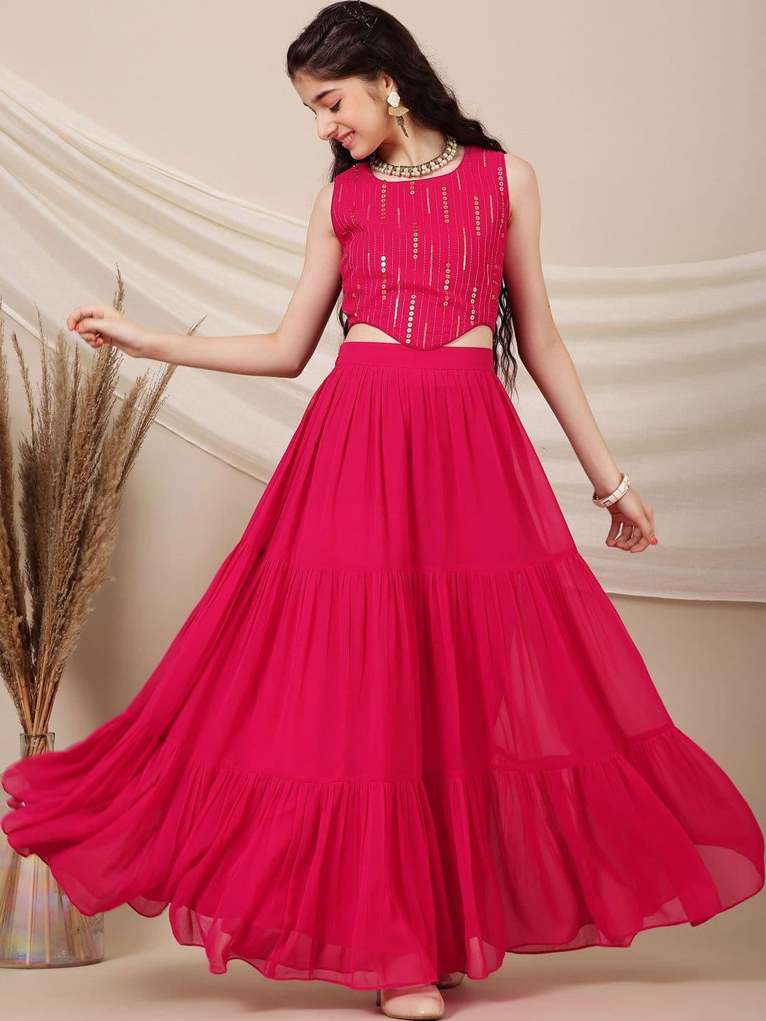 Inddus Girls Embroidered Sequinned Ready to Wear Lehenga & - view 1