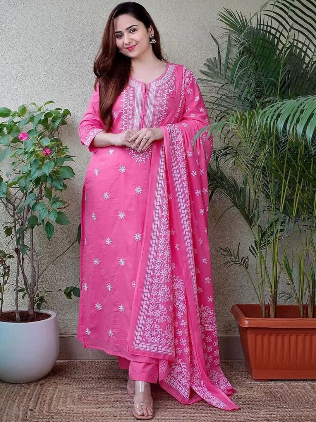 HERE&NOW Women Floral Printed Regular Thread Work Kurta with Trousers & With Dupatta - view 1