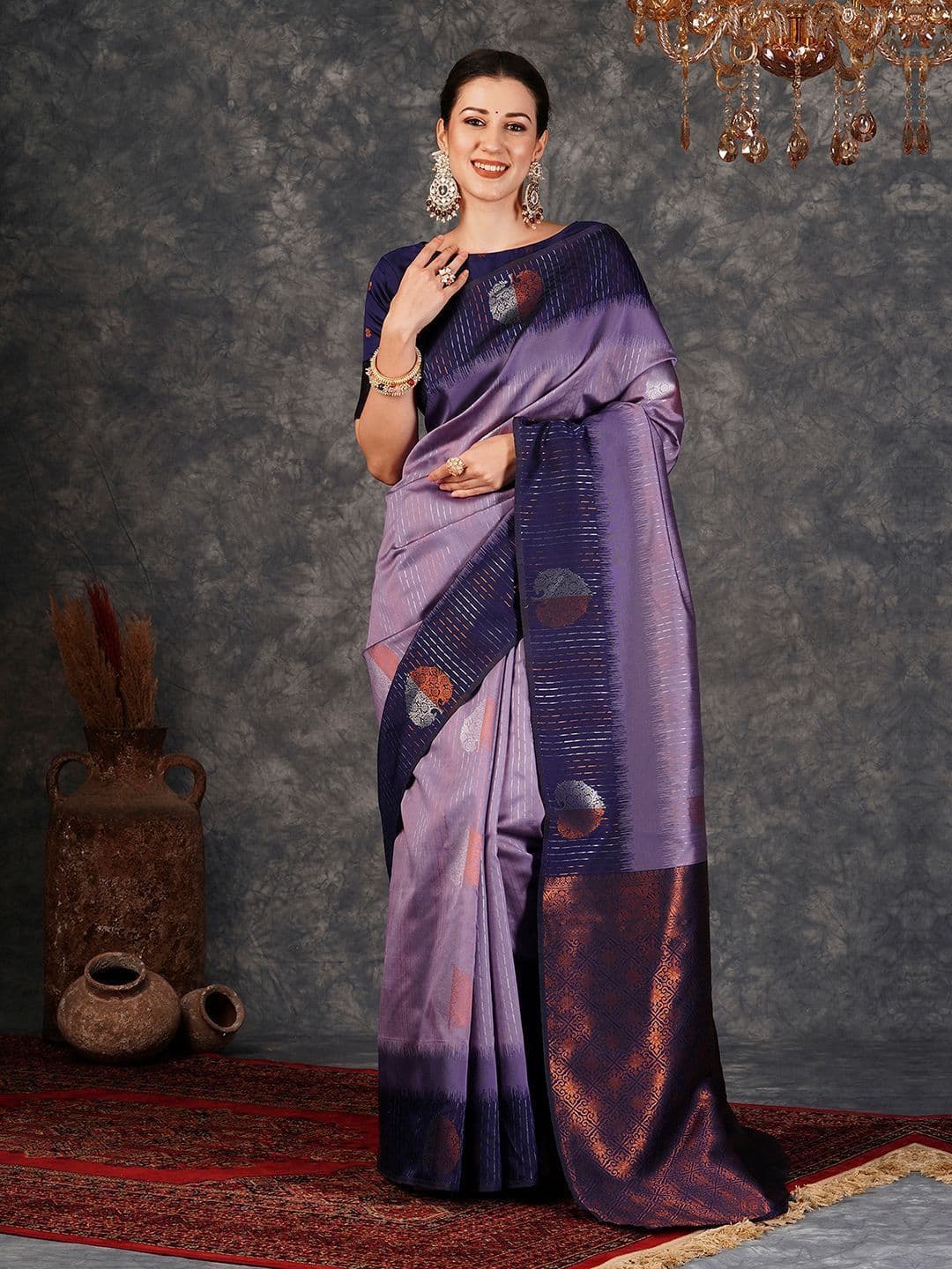 DIVASTRI Striped Zari Silk Blend Banarasi Saree - view 1