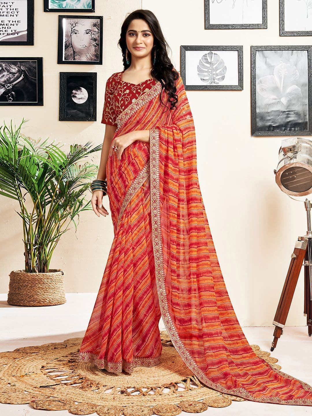 DIVASTRI Leheriya Sequinned Pure Georgette Leheriya Saree - view 1