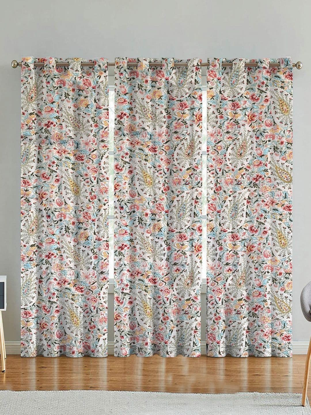 ANA White & Blue Set of 3 Floral Room Darkening Long Door Curtain - view 1