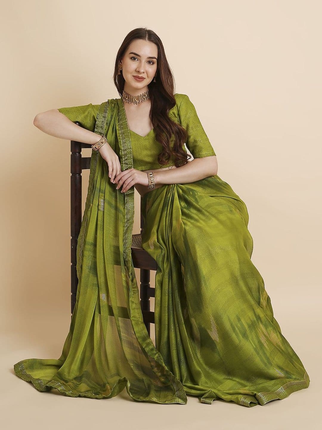 RATAN Women Shimmer Chiffon Printed Saree With Unstitched Blouse Piece - view 1