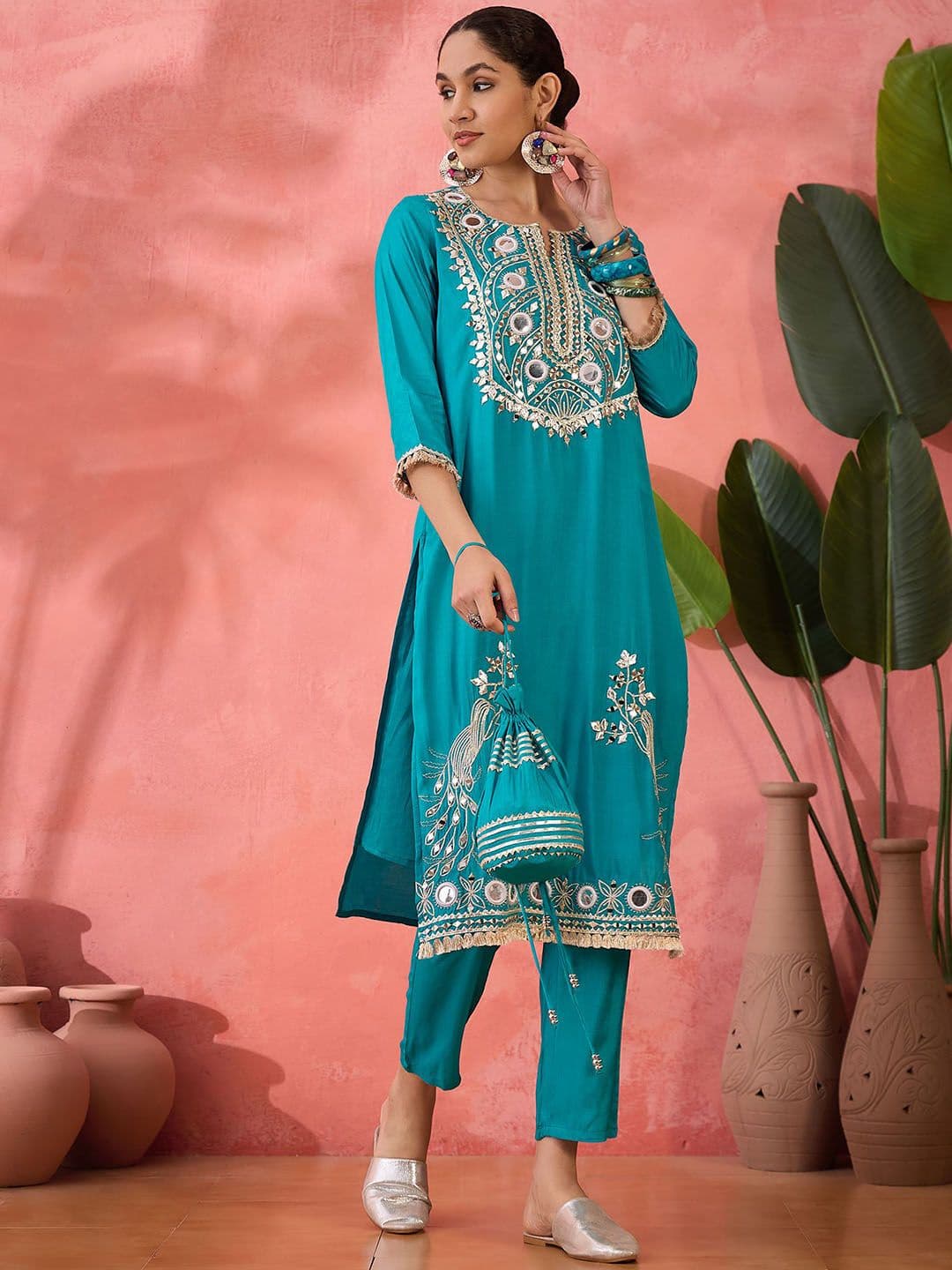 Sangria Embroidered Straight Kurta & Palazzo With Bag - view 1