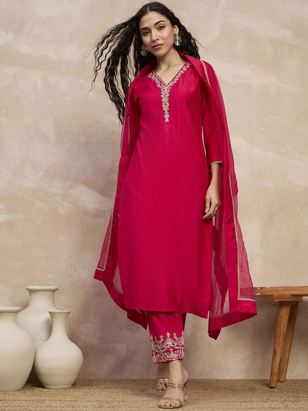 all about you Women Ethnic Motifs Embroidered Regular Thread Work Kurta with Trousers & With Dupatta - view 1