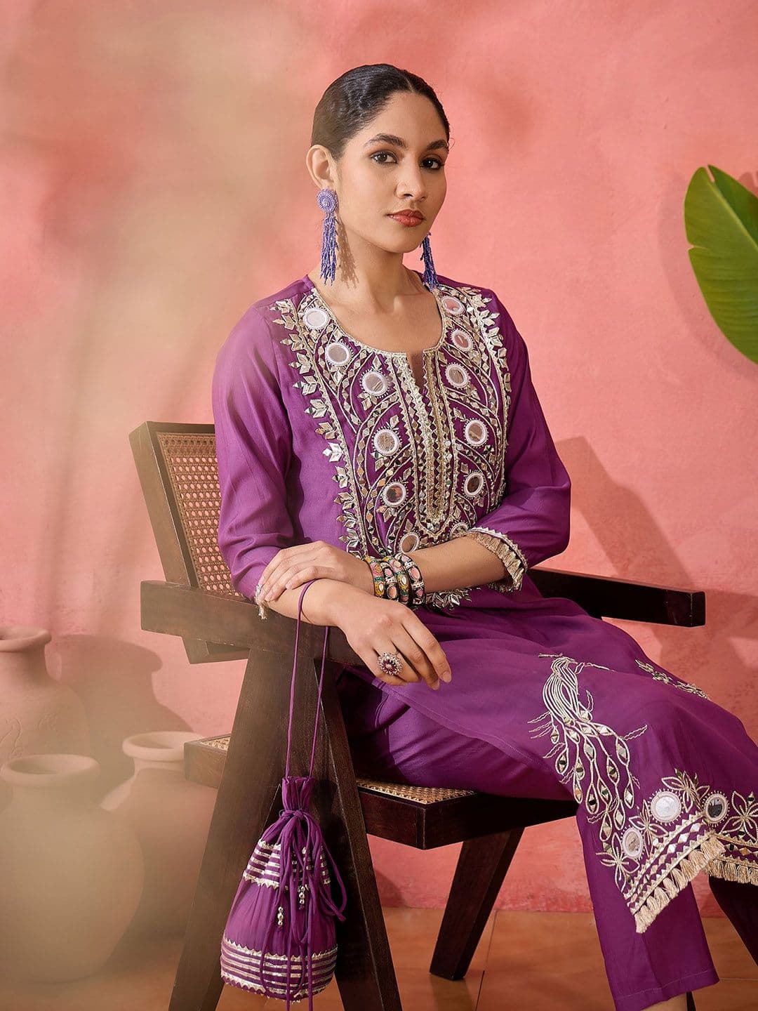 Sangria Embroidered Straight Kurta & Trousers With Bag - view 1