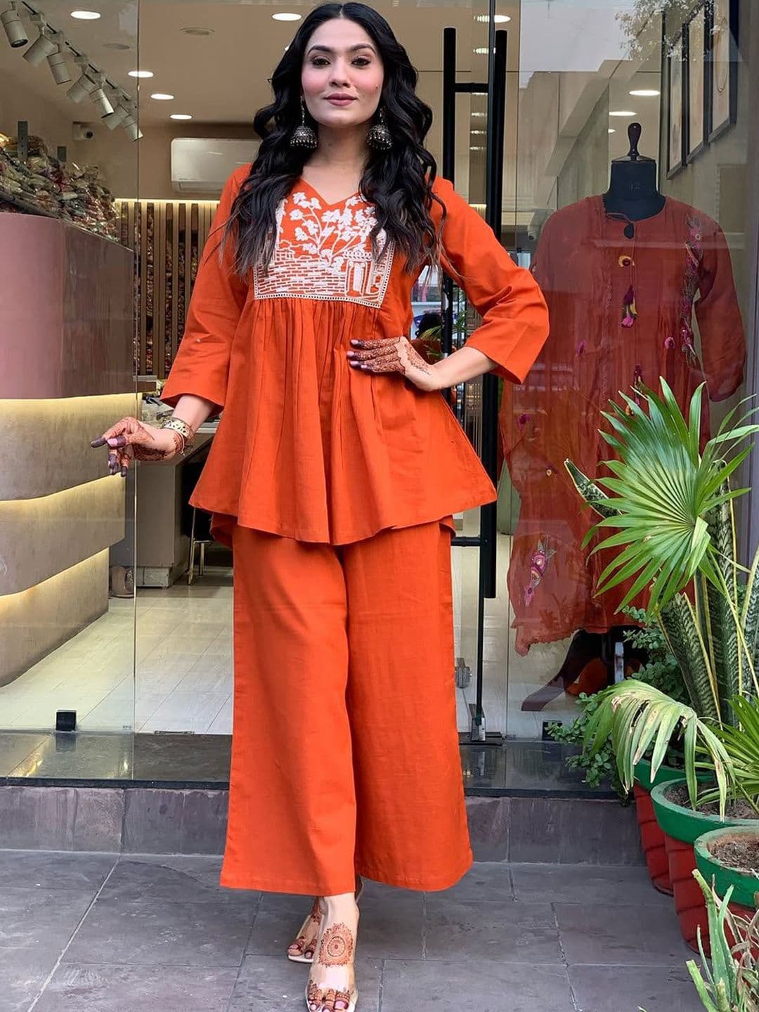 SINGNI Embroidered Pure Cotton Top With Trousers Co-Ords - view 1