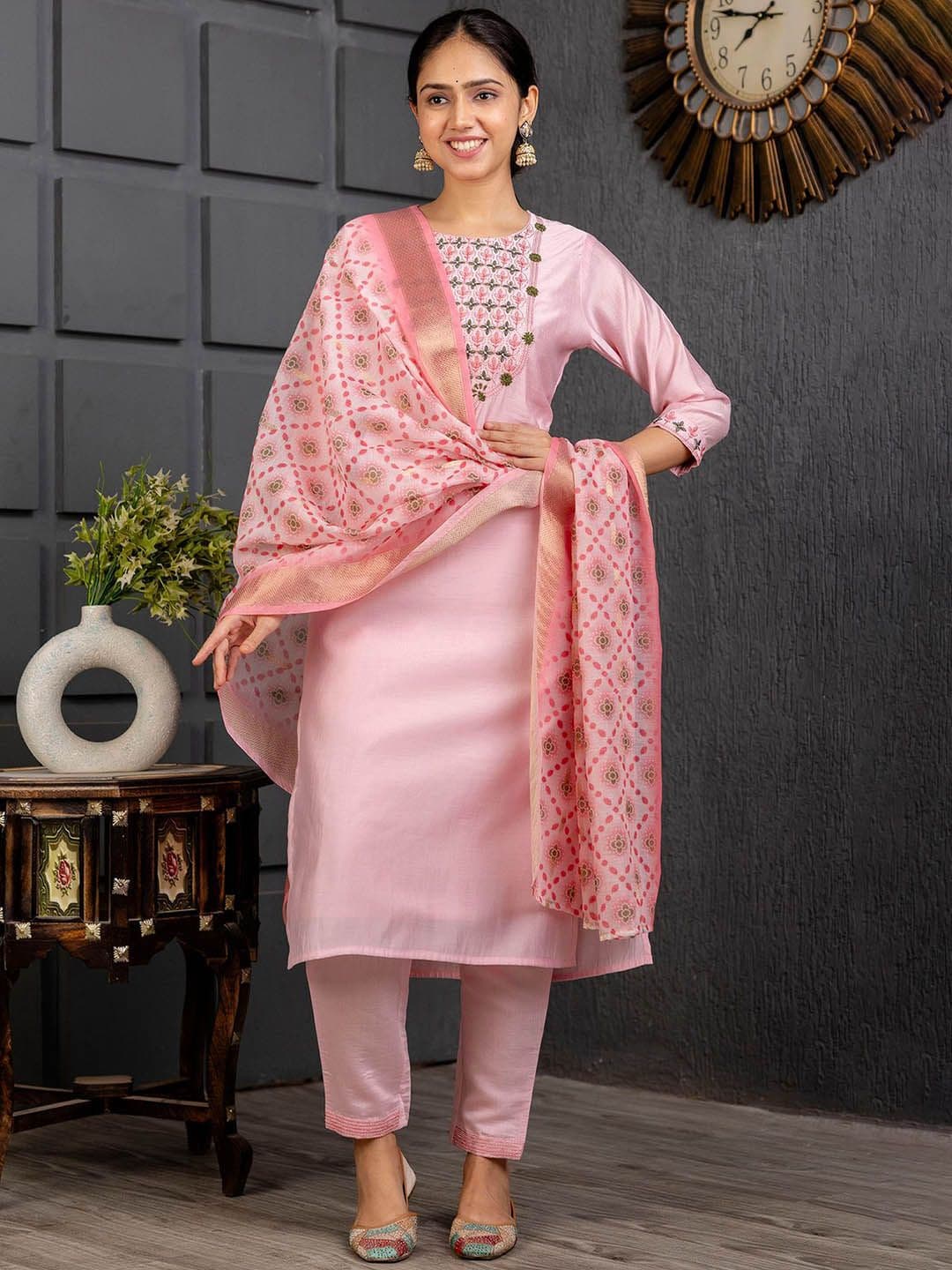 HERE&NOW Women Floral Regular Thread Work Kurta with Trousers & With Dupatta - view 1