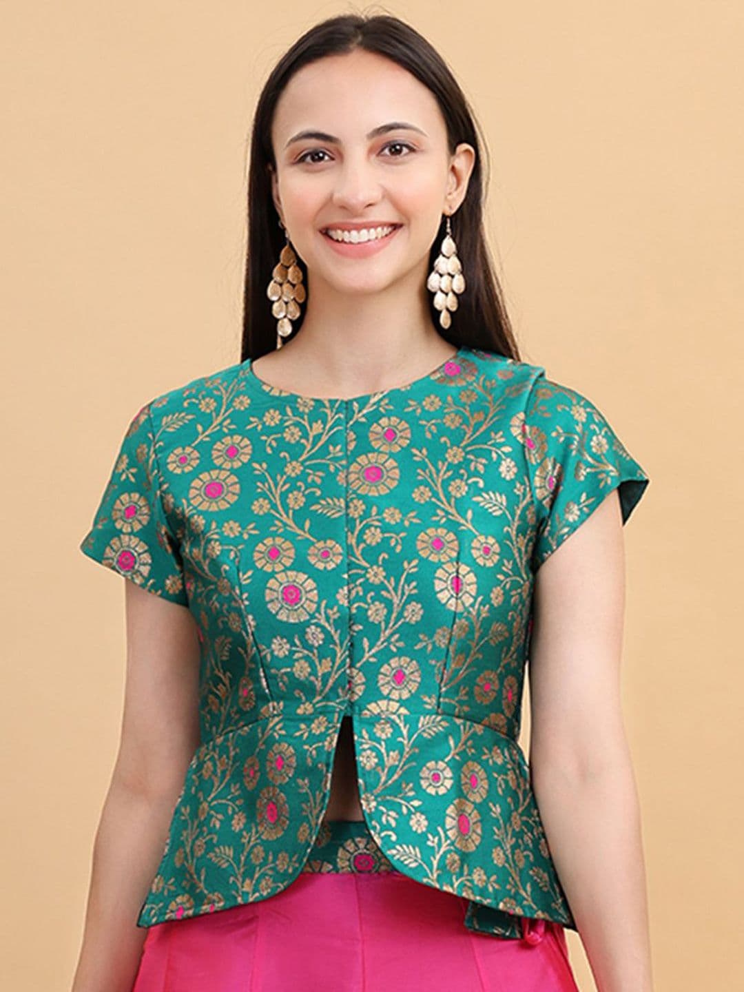 Frolic Rolic Silk Jacquard Wowen Design Waist Length Ethnic Blouse - view 1