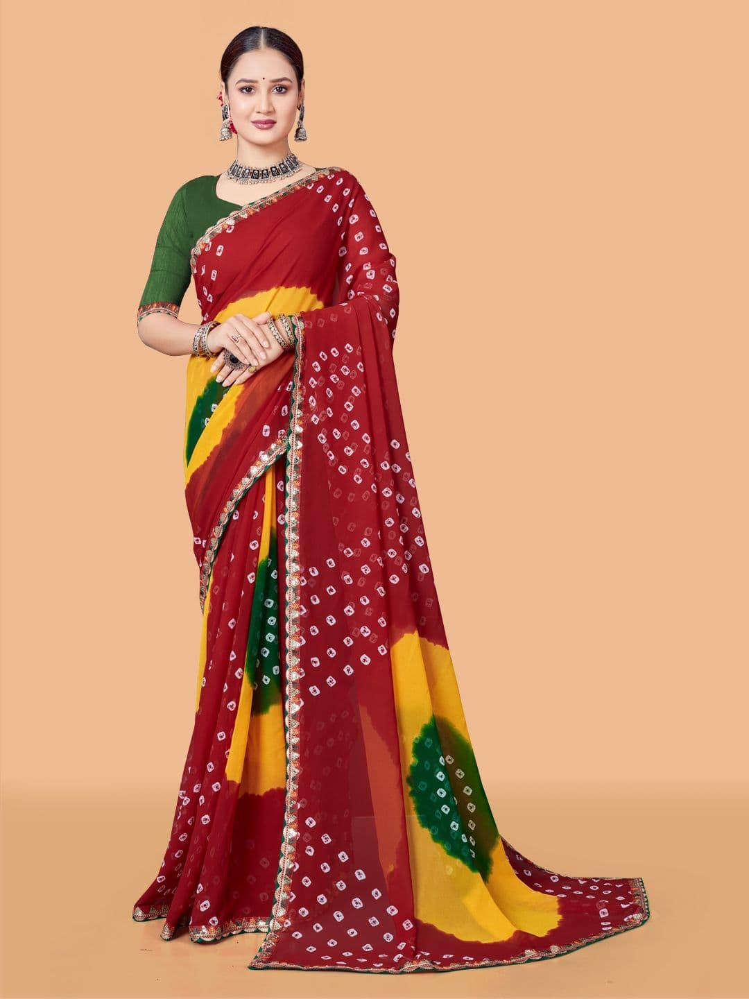 ASTEYAM Bandhani Sequinned Pure Georgette Bandhani Saree - view 1
