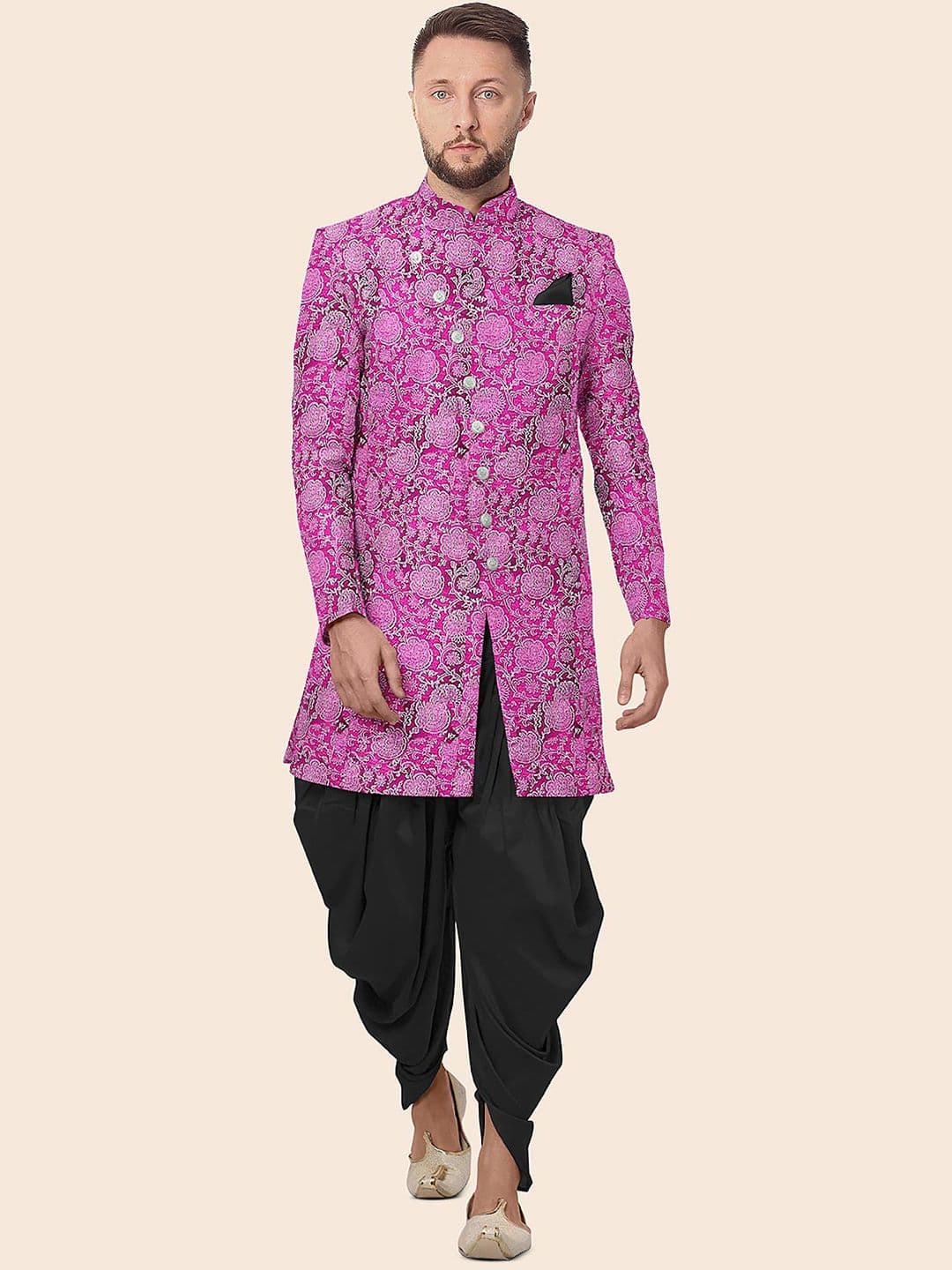 Utsav Fashion Block Printed Art Silk Sherwani Set
