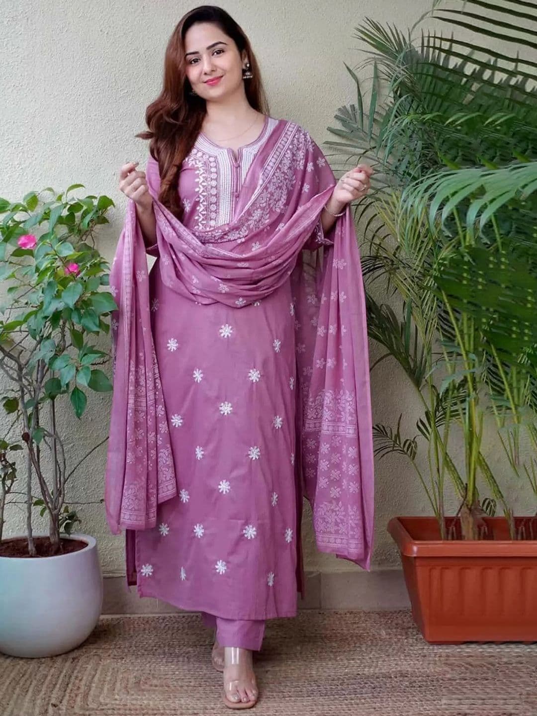 HERE&NOW Women Floral Printed Regular Kurta with Trousers & With Dupatta - view 1