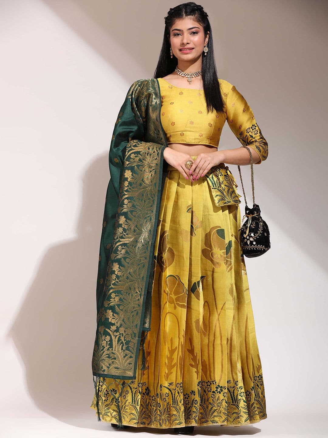 DIVASTRI Floral Woven Design Zari Unstitched Blouse And Lehenga With Dupatta - view 1