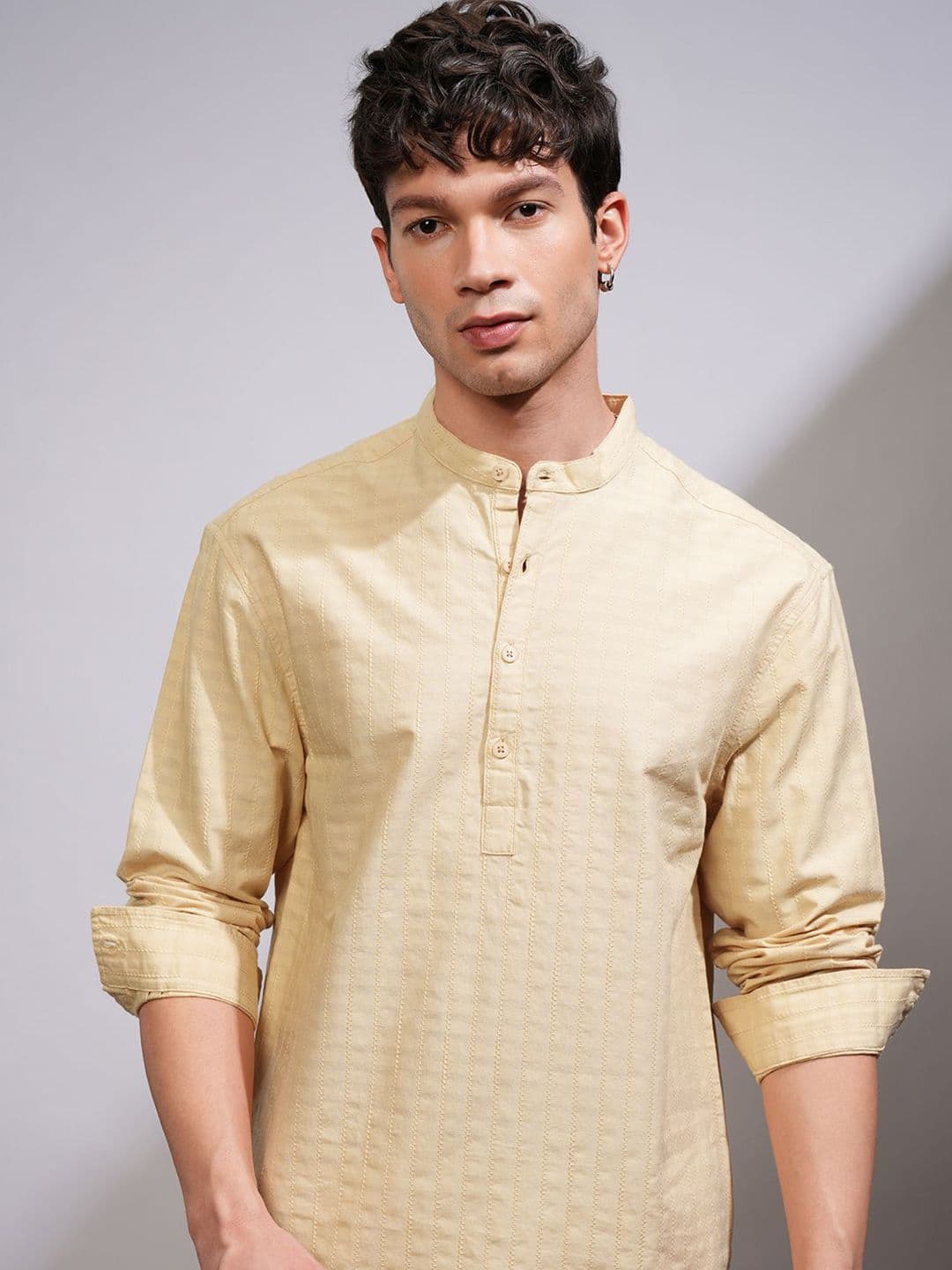 HIGHLANDER Men Relaxed Fit Band Collar Textured Cotton Casual Shirt - view 1