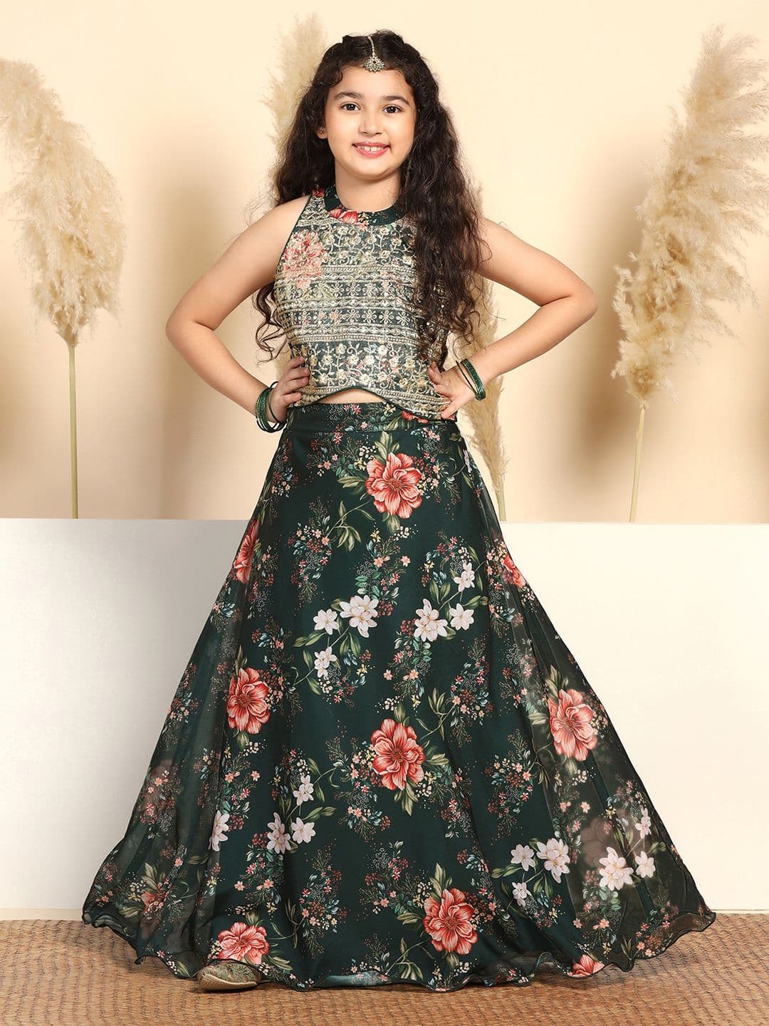 Sangria Girls Floral Printed Sequnnied Organza Ready to Wear Lehenga & Choli - view 1