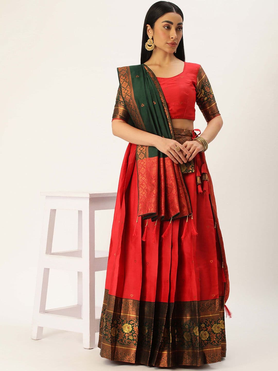 DIVASTRI Floral Woven Design Zari Work Silk Semi-Stitched Lehenga & Blouse With Dupatta - view 1
