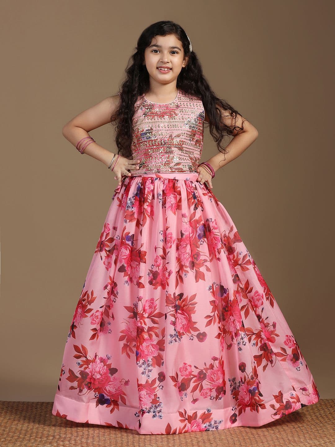 Sangria Girls Floral Printed Thread Work Lehenga And Choli - view 1