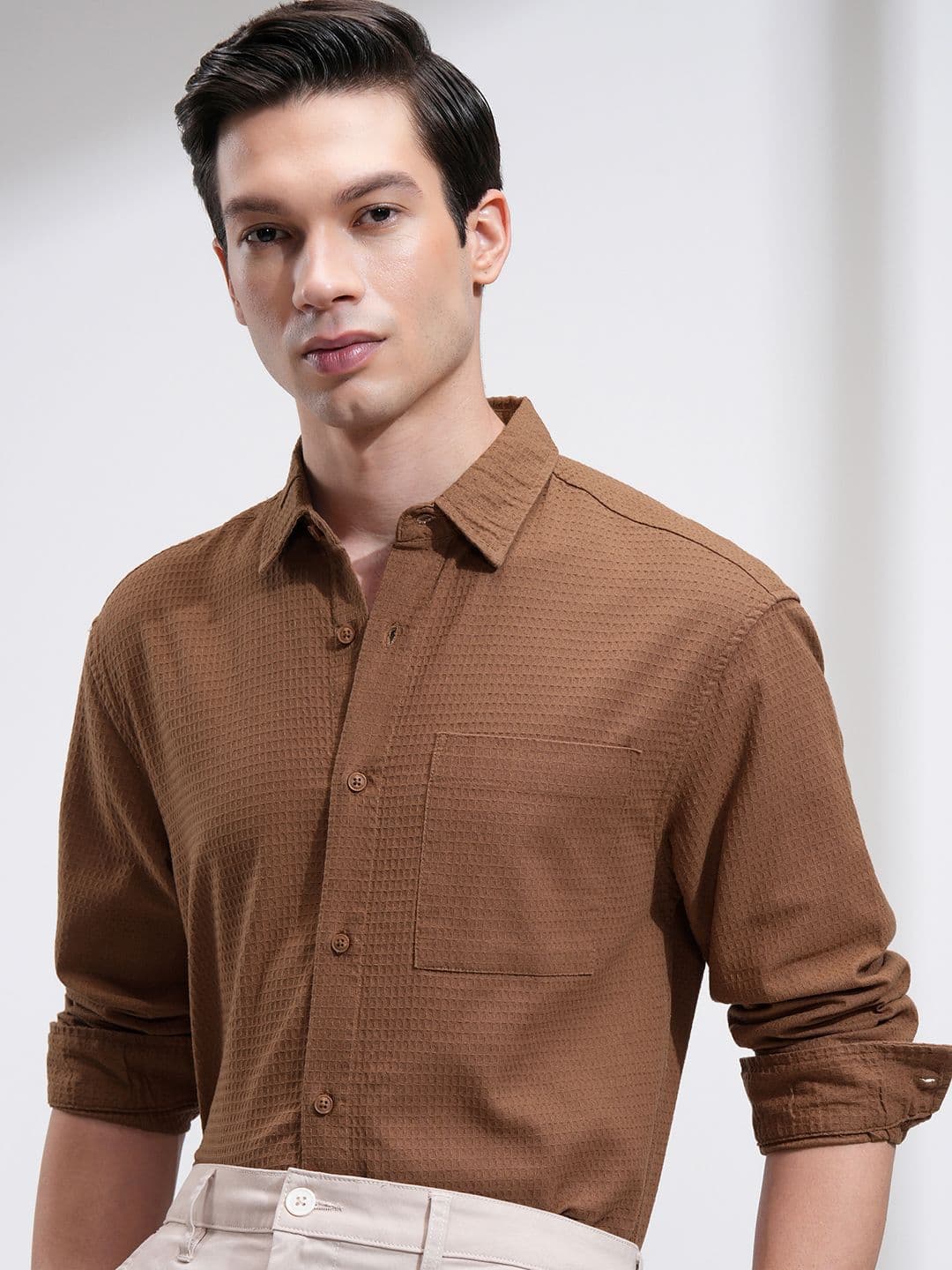HIGHLANDER Men Relaxed Fit Spread Collar Textured Cotton Casual Shirt - view 1