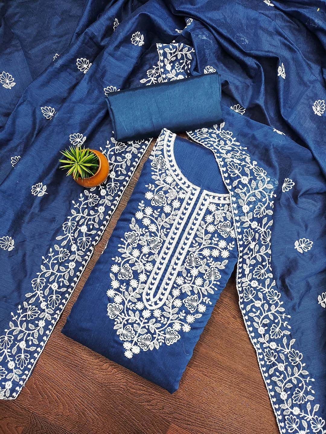 HERE&NOW Floral Embroidered Thread Work Chanderi Cotton Unstitched Dress Material - view 1