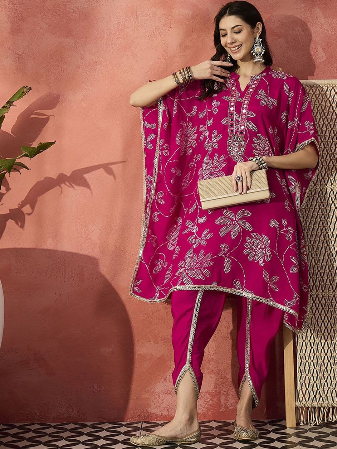 Sangria Pink Floral Printed Mandarin Collar Mirror Work Kaftan Fusion Kurta With Dhoti Pant - view 1