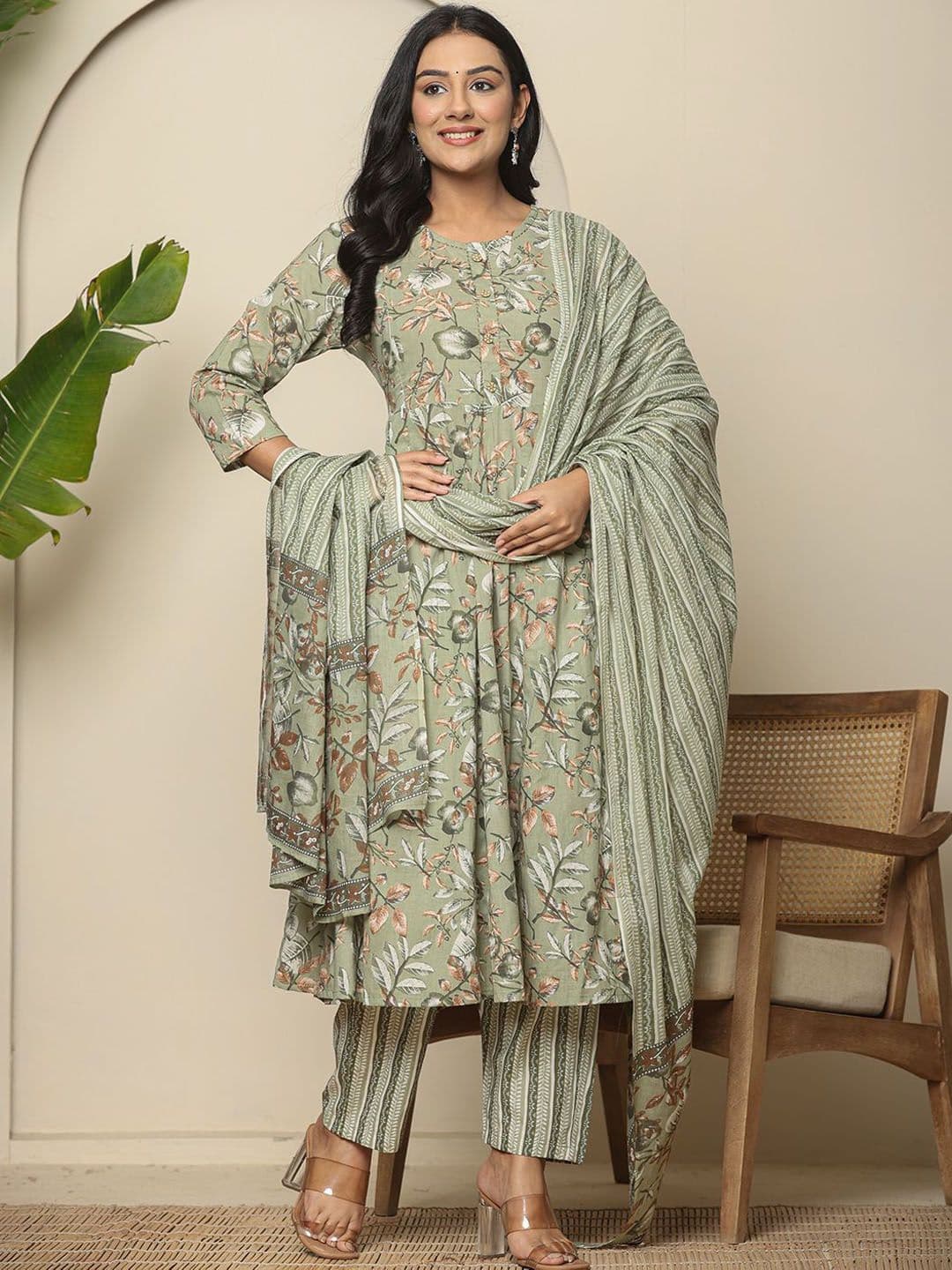 Yufta Floral Printed Empire Pure Cotton Maternity Anarkali Kurta With Trouser & Dupatta - view 1