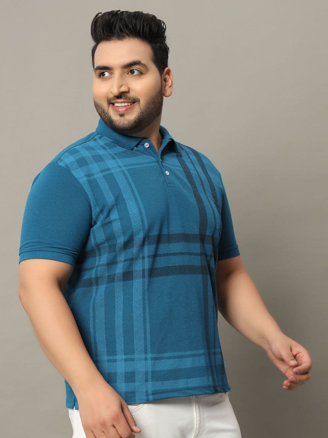 RELANE Men Plus Size Checked Polo Collar Cotton T-shirt - view 1