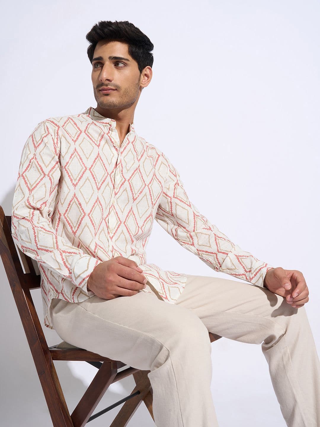 indus route by Pantaloons Men Band Collar Geometric Printed Cotton Casual Shirt - view 1