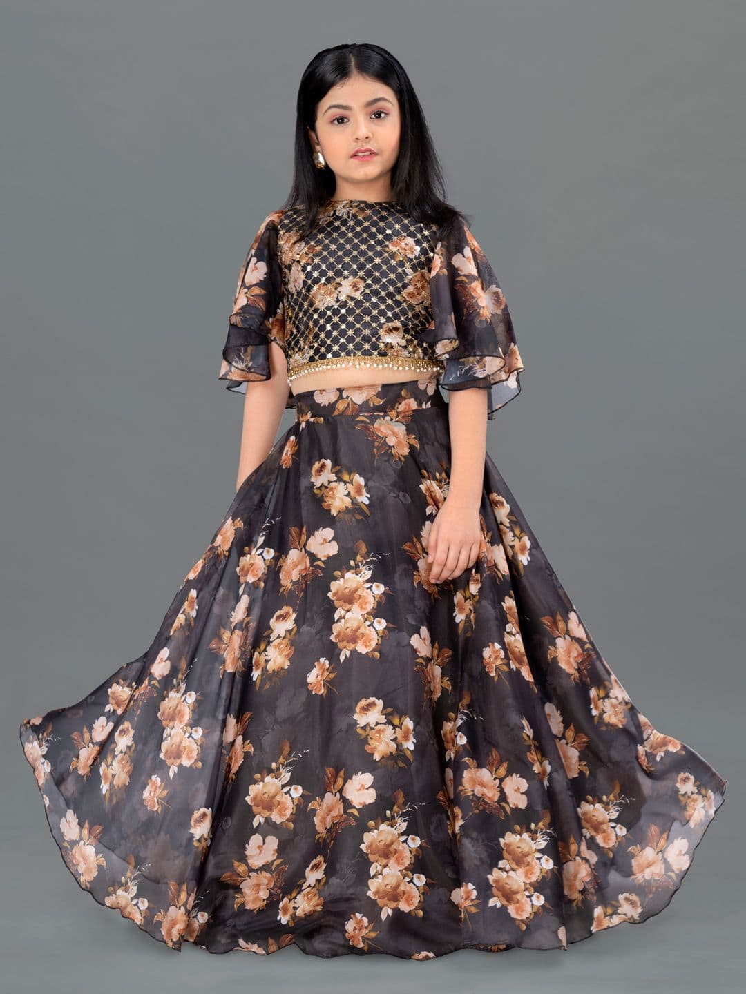 Sangria Girls Floral Printed Short Sleeves Lehenga Choli - view 1