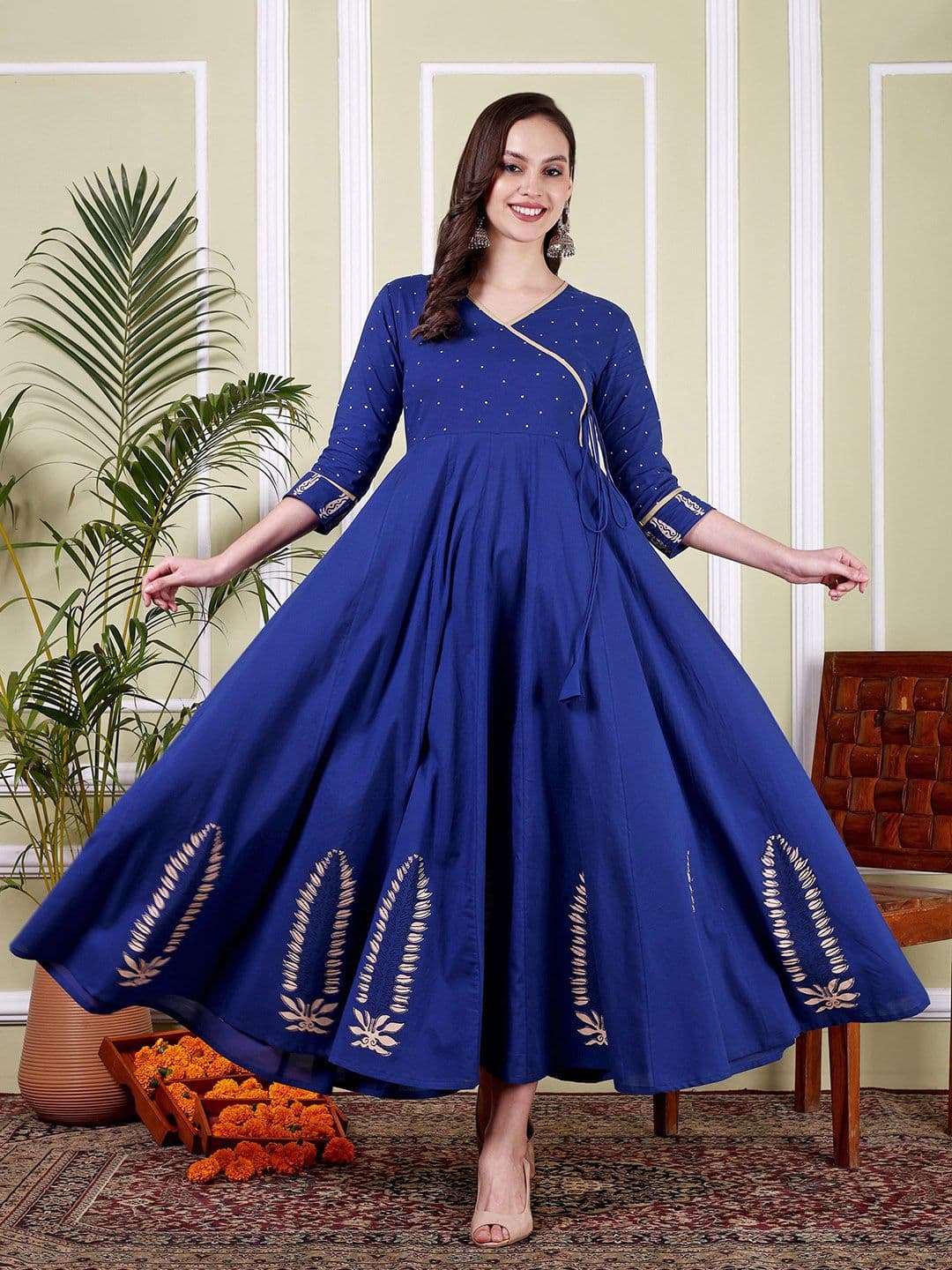 TARANJAL Floral Printed Angrakha V-Neck Cotton Anarkali Kurta - view 1
