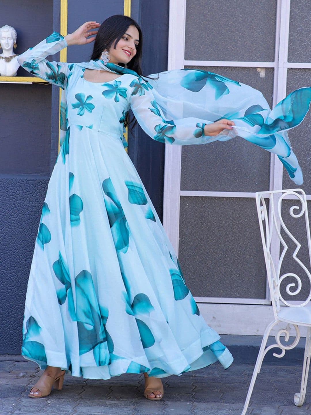 Jash Creation Floral Printed Fit & Flare Maxi Ethnic Dress with a Dupatta - view 1