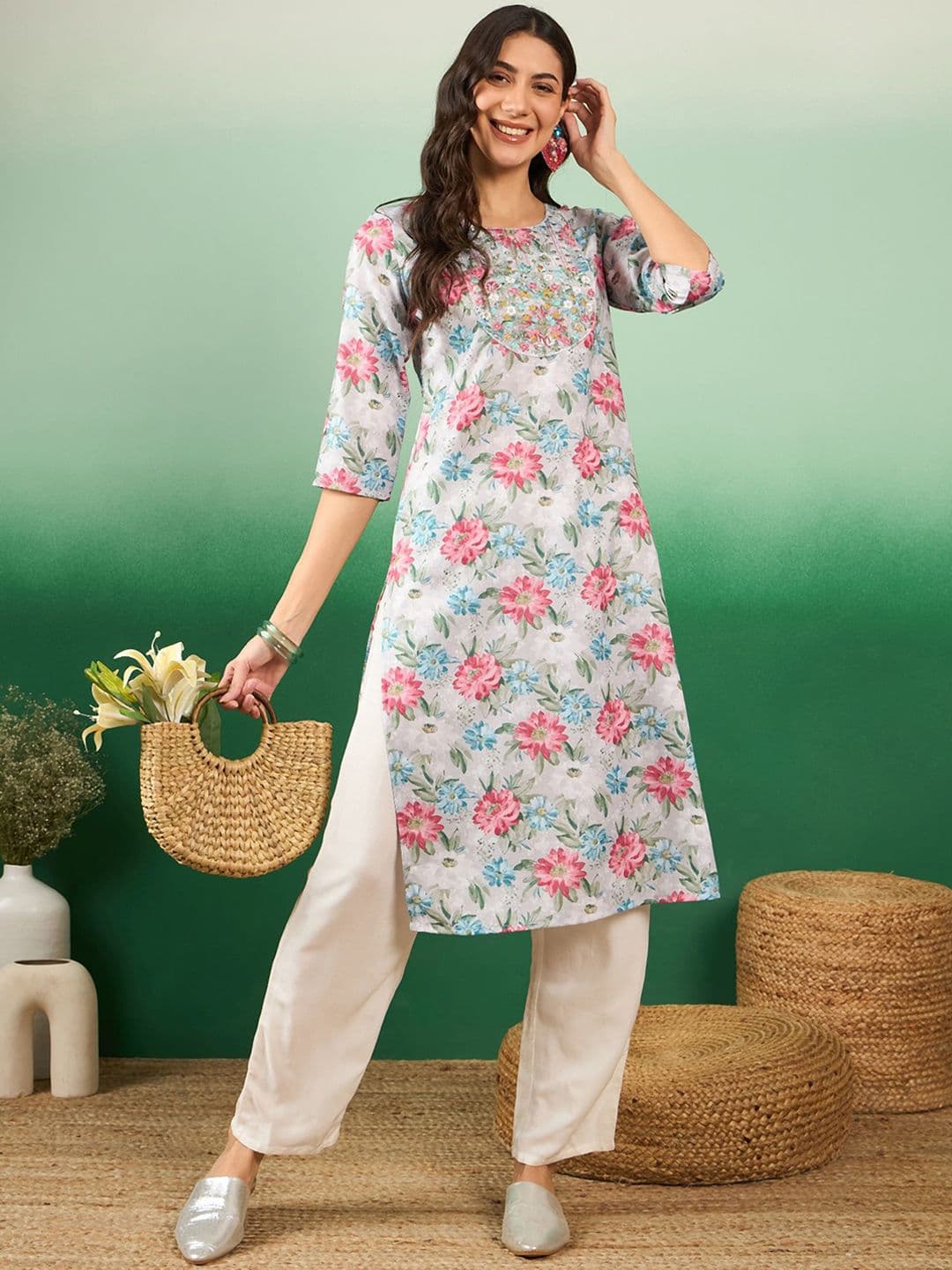 Sangria Floral Printed Yoke Thread Work Straight Kurta - view 1