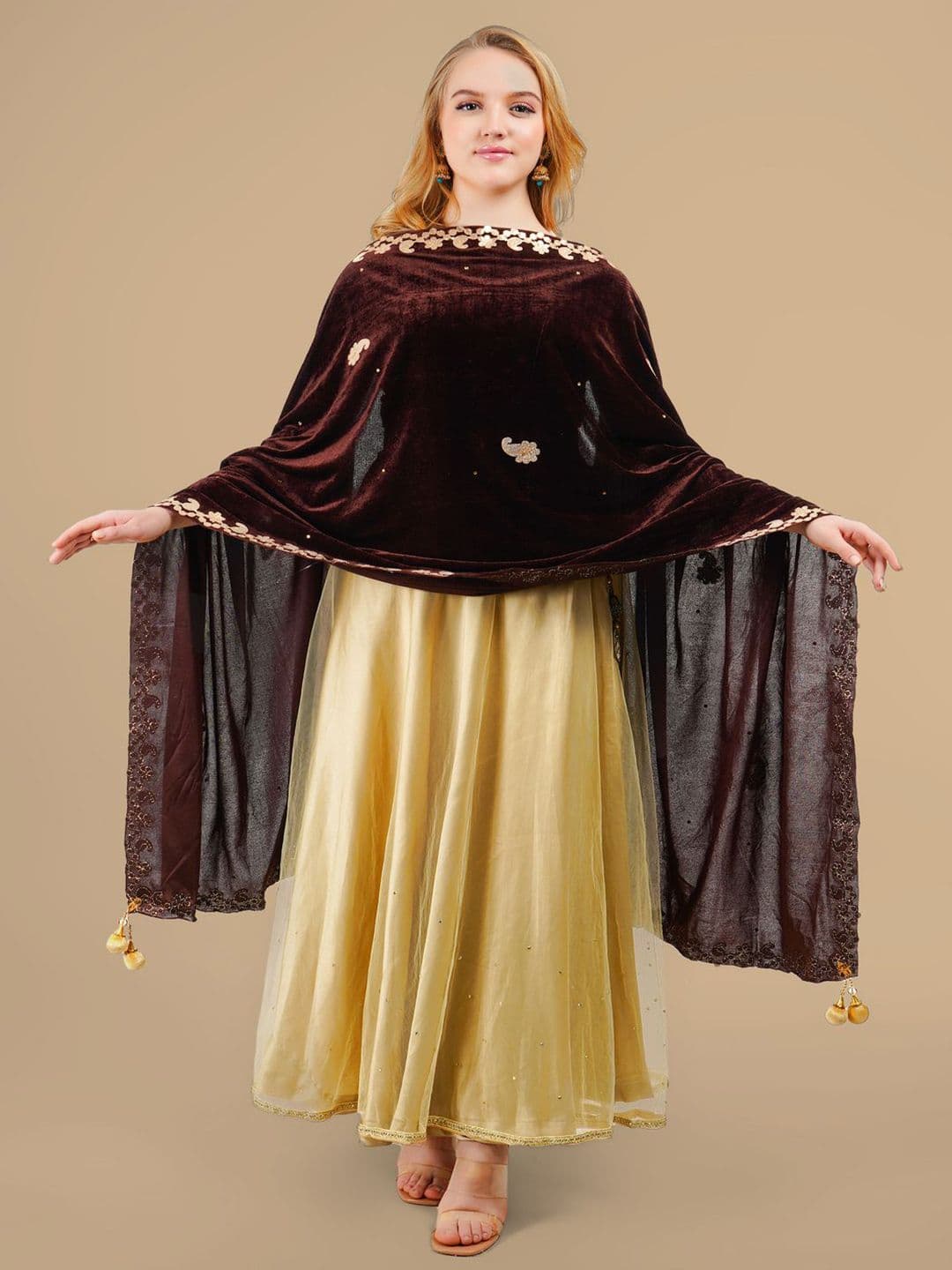 Karthav Fashion Paisley Embroidered Velvet Dupatta With Gotta Patti - view 1