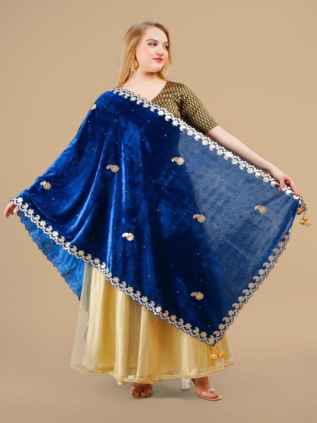 Karthav Fashion Paisley Embroidered Velvet Dupatta With Gotta Patti - view 1