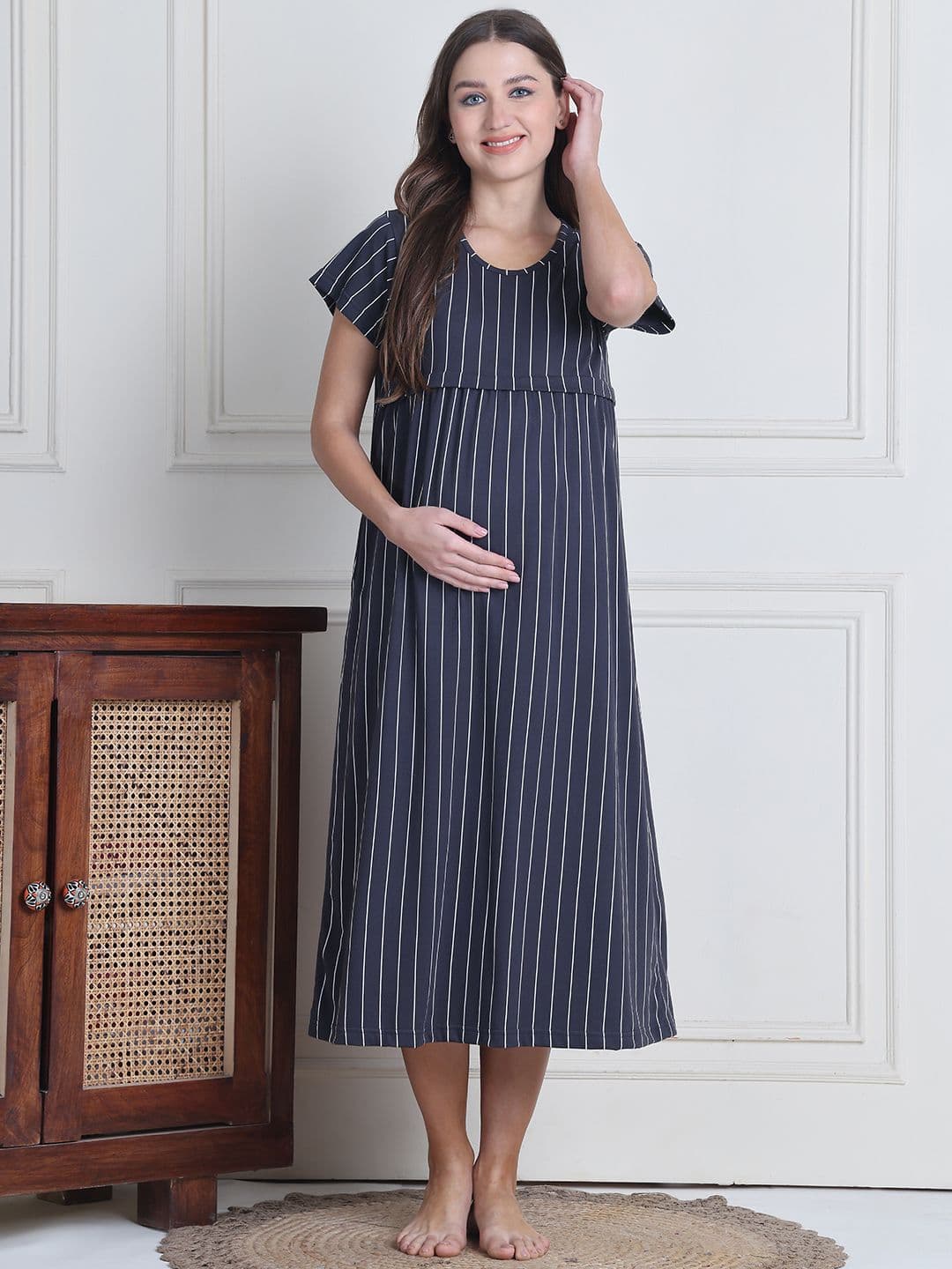 Secret Wish Women Striped Pure Cotton Maternity Nightdress - view 1