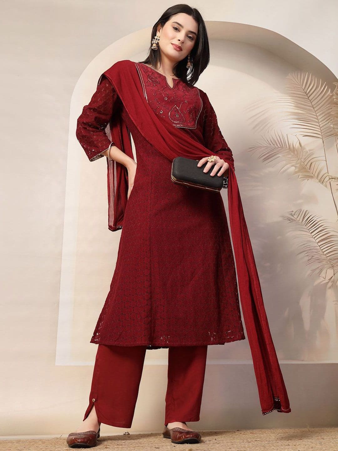Nayam By Lakshita Floral Yoke Design Sequinned A-Line Kurta with Palazzos & Dupatta - view 1