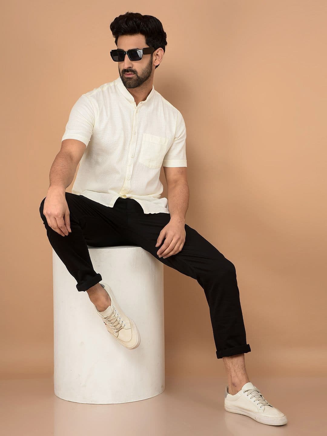 Crimsoune Club Men Classic Slim Fit Band Collar Solid Cotton Casual Shirt - view 1