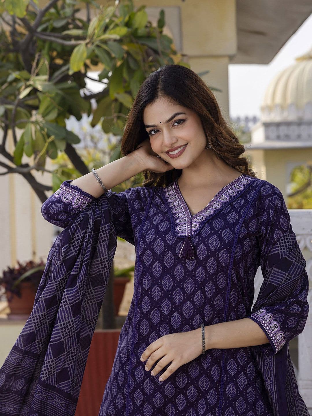 Anouk X fwd Floral Printed Thread Work V-Neck Straight Pure Cotton Kurta With Trousers & Dupatta - view 1
