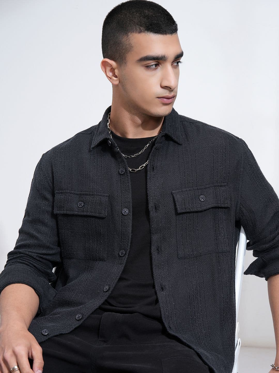 HIGHLANDER Men Dobby Textured Chinelle Yarn Striped Relaxed Overshirt - view 1