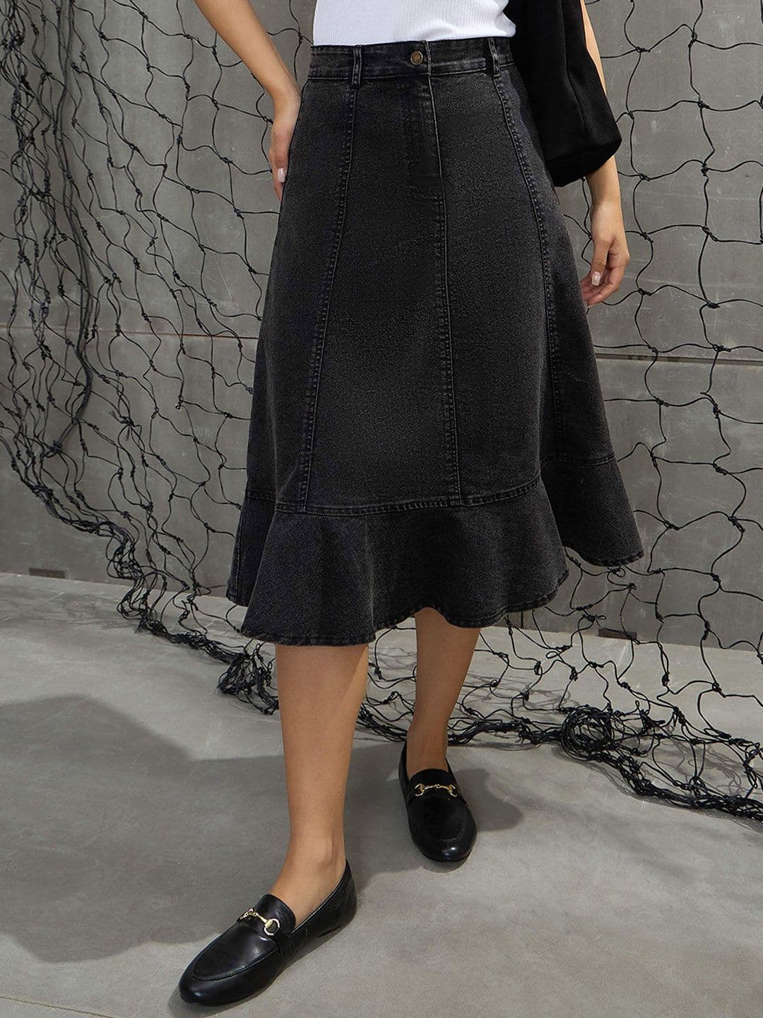 SASSAFRAS Solid Black Washed Denim Flared skirt - view 1