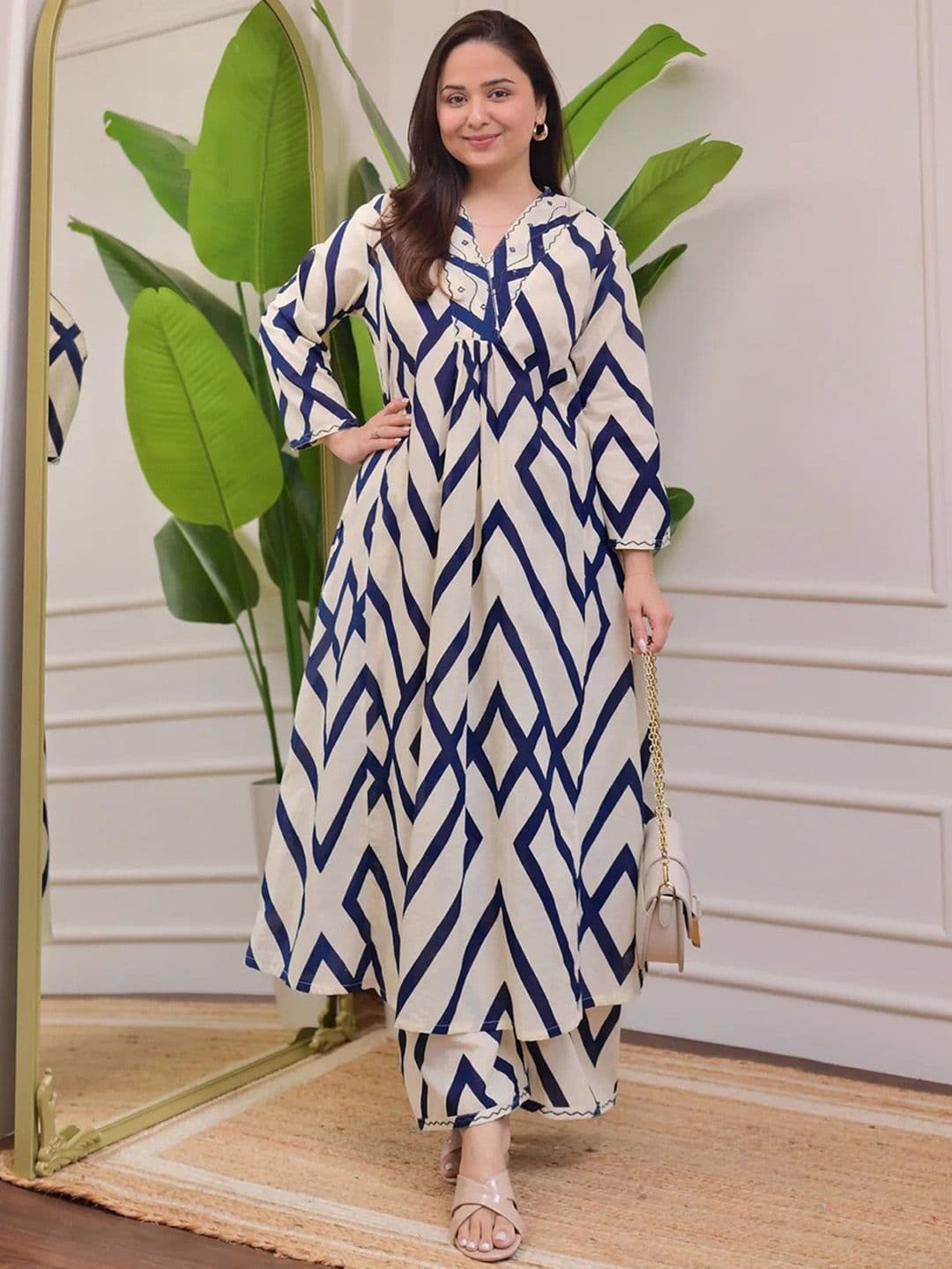 Light Daisy Geometric Printed A-Line Pure Cotton Kurta With Trouser - view 1