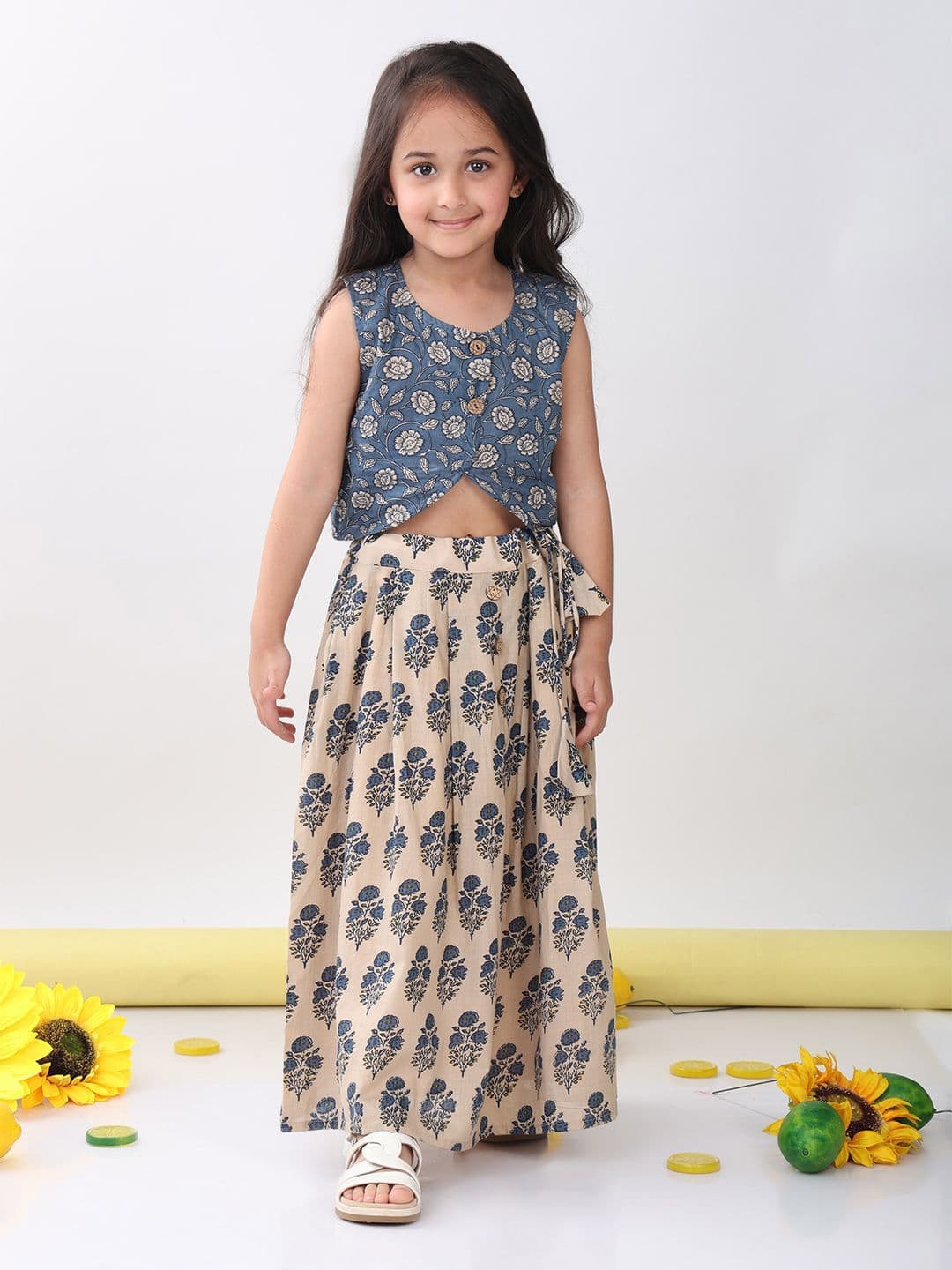 Sangria Girls Floral Printed Cotton Top With Lehenga - view 1
