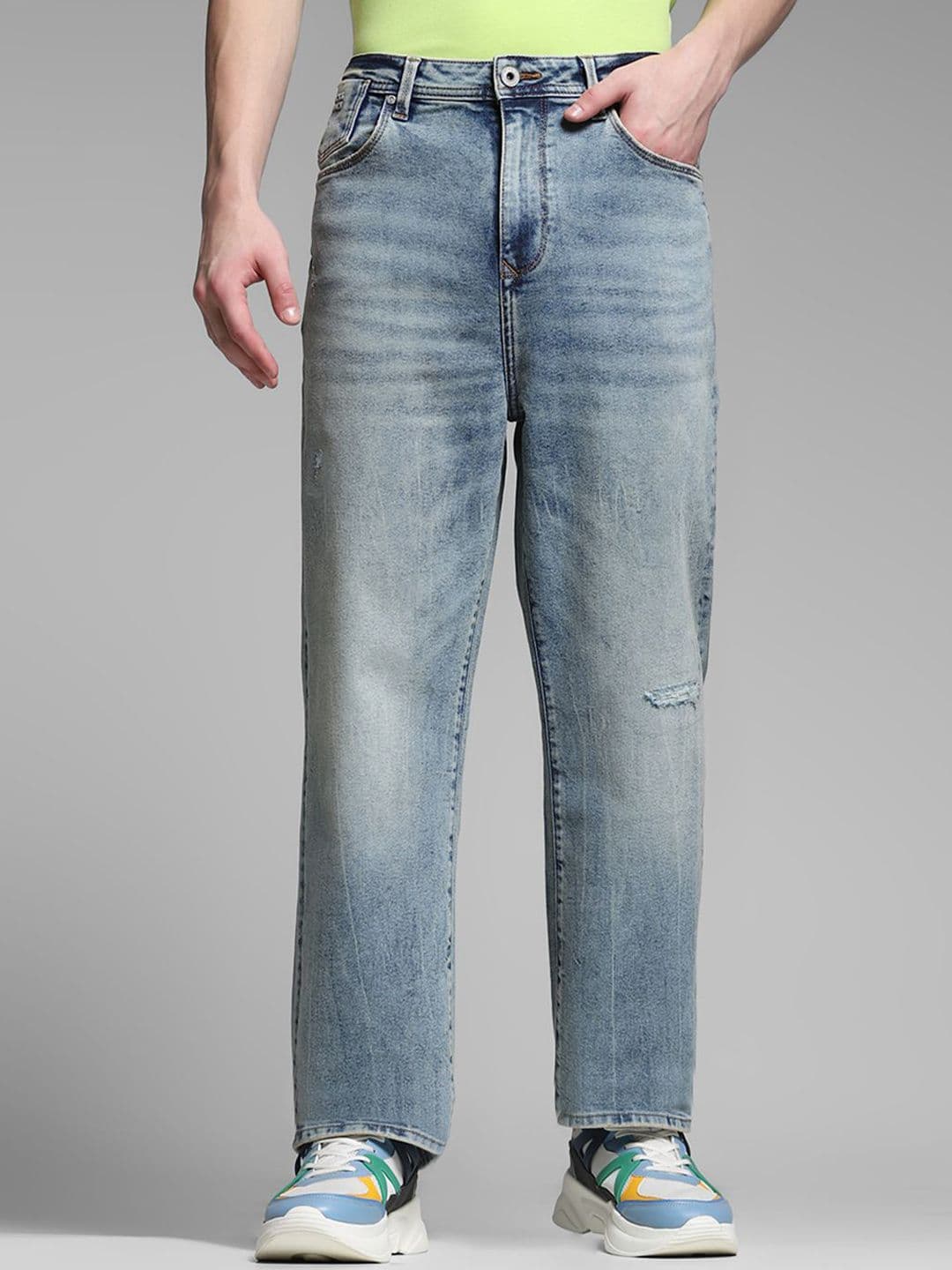 Jack & Jones Men Wide Leg High-Rise Mildly Distressed Light Fade Stretchable Jeans - view 1