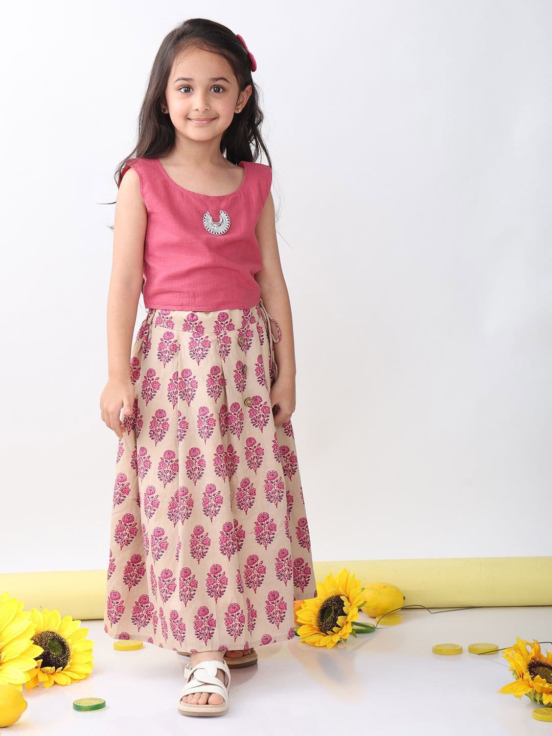 Sangria Girls Hanging Detail Top With Floral Printed Lehenga - view 1