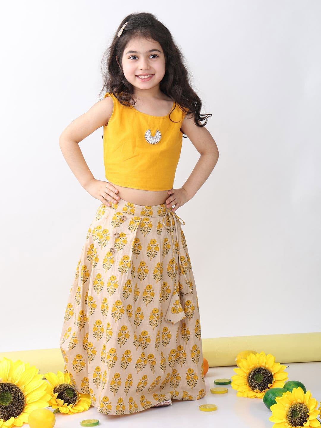 Sangria Girls Handing Detail Top With Floral Printed Lehenga - view 1