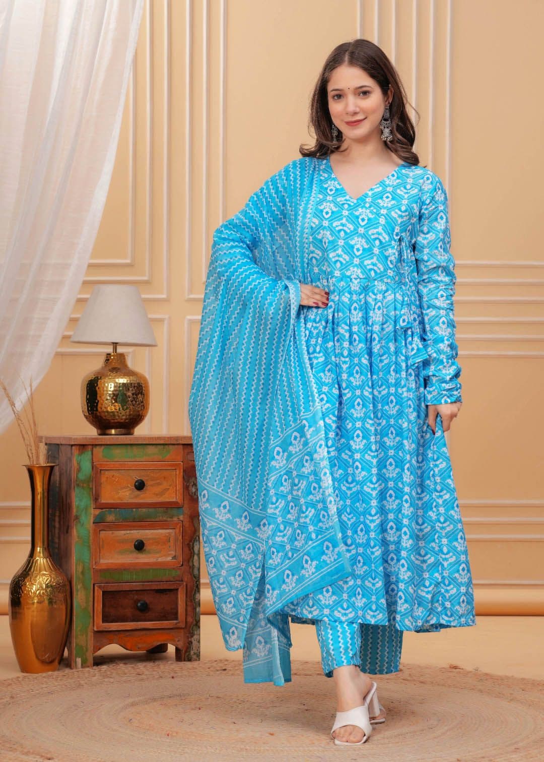 MANOJAVA Floral Printed V-Neck Pure Cotton Angrakha Kurta With Palazzo And Dupatta - view 1